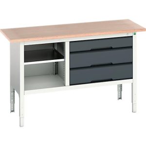 Kastenwerkbank Bott verso, Multiplex-Platte, 3 Schubladen & 1 Ablageboden, B 1500 x T 600 x H 830 – 930 mm, RAL 7035 Lichtgrau / Anthrazitgrau Kastenwerkbank Bott verso, Multiplex-Platte, 3 Schubladen & 1 Ablageboden, B 1500 x T 600 x H 830 – 930 mm, RAL 7035 Lichtgrau / Anthrazitgrau