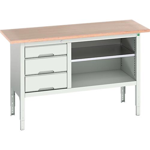 Kastenwerkbank Bott verso, Multiplex-Platte, 3 Schubladen & 1 Ablageboden, B 1500 x T 600 x H 830 - 930 mm, RAL 7035 Lichtgrau