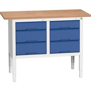 Kastenwerkbank Bott verso, Multiplex-Platte, 6 Schubladen, B 1250 x T 600 x H 830 – 930 mm, RAL 7035 Lichtgrau / Enzianblau Kastenwerkbank Bott verso, Multiplex-Platte, 6 Schubladen, B 1250 x T 600 x H 830 – 930 mm, RAL 7035 Lichtgrau / Enzianblau