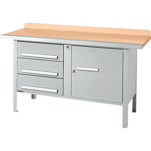 Kastenwerkbank Schäfer Shop Select PWi 150-4, Buche Multiplexplatte, mit Stahlkante, bis 750 kg, B 1500 x T 700 x H 840 mm, Weißaluminium