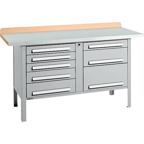 Kastenwerkbank Schäfer Shop Select PWi 150-8, ESD, Buche Multiplexplatte, mit Stahlabdeckung, bis 750 kg, B 1500 x T 700 x H 840 mm, Weißaluminium