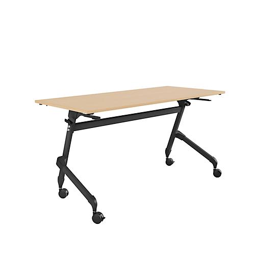 Klappbarer Schreibtisch, mit 4 feststellbaren Rollen, Rechteck, Rundrohr, B 1400 x T 600 x H 720 mm, Ahorn-Dekor/schwarz
