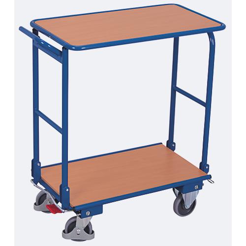 Klappbügelwagen, Stahl/MDF-Platte, Enzianblau/Buche-Dekor, 2 Etagen, L 720 x B 450 mm, klappbarer mit Querstrebe, TPE-Rollen mit EasySTOP, bis 150 kg