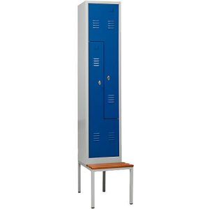 Kleiderspind, 2 Abteile, mit Sitzbank, 2 Fächer, mit Z-Türen, Drehriegelverschluss, lichtgrau/enzianblau Kleiderspind, 2 Abteile, mit Sitzbank, 2 Fächer, mit Z-Türen, Drehriegelverschluss, lichtgrau/enzianblau