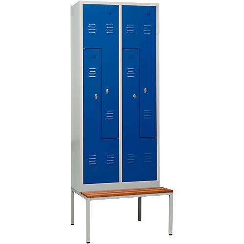 Kleiderspind, 4 Abteile, mit Sitzbank, B 800 x H 2200 mm, Drehriegelverschluss, lichtgrau/enzianblau