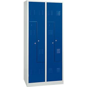 Kleiderspind, 4 Abteile, mit Sockel, B 800 x H 1800 mm, Zylinderschloss, lichtgrau/enzianblau Kleiderspind, 4 Abteile, mit Sockel, B 800 x H 1800 mm, Zylinderschloss, lichtgrau/enzianblau