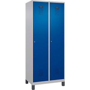 Kleiderspind C+P Evolo Plus, 2 Abteile, 400 mm Abteilbreite, mit Füßen, Anschlag rechts, B 800 x T 500 x H 1950 mm, Zylinder, weißaluminium/enzianblau Kleiderspind C+P Evolo Plus, 2 Abteile, 400 mm Abteilbreite, mit Füßen, Anschlag rechts, B 800 x T 500 x H 1950 mm, Zylinder, weißaluminium/enzianblau