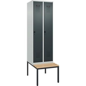 Kleiderspind C+P Evolo Plus, 2 Abteile mit je 300 mm Breite, Unterbau-Sitzbank, B 600 x T 815 x H 2120 mm, Drehriegel, lichtgrau/anthrazitgrau Kleiderspind C+P Evolo Plus, 2 Abteile mit je 300 mm Breite, Unterbau-Sitzbank, B 600 x T 815 x H 2120 mm, Drehriegel, lichtgrau/anthrazitgrau