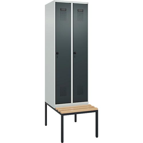 Kleiderspind C+P Evolo Plus, 2 Abteile mit je 300 mm Breite, Unterbau-Sitzbank, B 600 x T 815 x H 2120 mm, Drehriegel, lichtgrau/anthrazitgrau