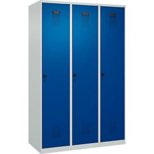 Kleiderspind C+P Evolo Plus, 3 Abteile, 400 mm breit, Drehriegel, Soft-Anschlag, B 1.200 x T 500 x H 1.850 m, lichtgrau/enzianblau Kleiderspind C+P Evolo Plus, 3 Abteile, 400 mm breit, Drehriegel, Soft-Anschlag, B 1.200 x T 500 x H 1.850 m, lichtgrau/enzianblau