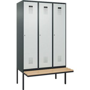 Kleiderspind C+P Evolo Plus, 3 Abteile à 400 mm Breite, schwebende Sitzbank, B 1200 x T 815 x H 2120 mm, Zylinder, anthrazitgrau/lichtgrau Kleiderspind C+P Evolo Plus, 3 Abteile à 400 mm Breite, schwebende Sitzbank, B 1200 x T 815 x H 2120 mm, Zylinder, anthrazitgrau/lichtgrau
