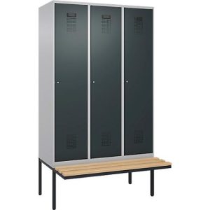 Kleiderspind C+P Evolo Plus, 3 Abteile à 400 mm Breite, schwebende Sitzbank, B 1200 x T 815 x H 2120 mm, Zylinder, weißaluminium/anthrazitgrau Kleiderspind C+P Evolo Plus, 3 Abteile à 400 mm Breite, schwebende Sitzbank, B 1200 x T 815 x H 2120 mm, Zylinder, weißaluminium/anthrazitgrau