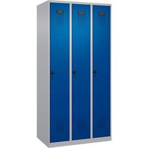 Kleiderspind C+P Evolo Plus, 3 Abteile, Anschlag rechts, Sicherheits-Drehriegel, B 900 x T 500 x H 1850 mm, weißaluminium/enzianblau Kleiderspind C+P Evolo Plus, 3 Abteile, Anschlag rechts, Sicherheits-Drehriegel, B 900 x T 500 x H 1850 mm, weißaluminium/enzianblau