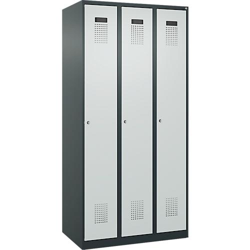 Kleiderspind C+P Evolo Plus, 3 Abteile, Anschlag rechts, Zylinderschloss, B 900 x T 500 x H 1850 mm, anthrazitgrau/lichtgrau