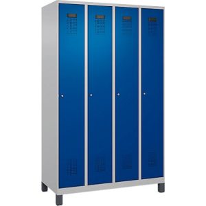 Kleiderspind C+P Evolo Plus, 4 Abteile, 300 mm Abteilbreite, mit Füßen, Anschlag rechts, Zylinder, B 1200 x T 500 x H 1950 mm, weißaluminium/enzianblau Kleiderspind C+P Evolo Plus, 4 Abteile, 300 mm Abteilbreite, mit Füßen, Anschlag rechts, Zylinder, B 1200 x T 500 x H 1950 mm, weißaluminium/enzianblau