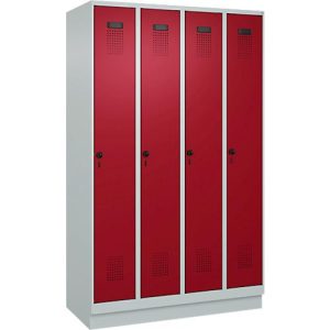 Kleiderspind C+P Evolo Plus, 4 Abteile, 300 mm Abteilbreite, mit Sockel, Anschlag rechts, B 1200 x T 500 x H 1950 mm, Drehriegel, lichtgrau/rubinrot Kleiderspind C+P Evolo Plus, 4 Abteile, 300 mm Abteilbreite, mit Sockel, Anschlag rechts, B 1200 x T 500 x H 1950 mm, Drehriegel, lichtgrau/rubinrot