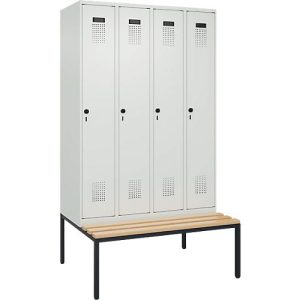 Kleiderspind C+P Evolo Plus, 4 Abteile, 300 mm Abteilbreite, mit untergebauter Sitzbank, B 1200 x T 815 x H 2120 mm, Drehriegel, lichtgrau/lichtgrau Kleiderspind C+P Evolo Plus, 4 Abteile, 300 mm Abteilbreite, mit untergebauter Sitzbank, B 1200 x T 815 x H 2120 mm, Drehriegel, lichtgrau/lichtgrau