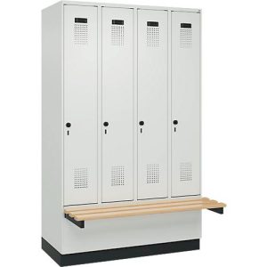 Kleiderspind C+P Evolo Plus, 4 Abteile à 300 mm Breite, Sockel, schwebende Sitzbank, B 1200 x T 815 x H 1950 mm, Drehriegel, lichtgrau/lichtgrau Kleiderspind C+P Evolo Plus, 4 Abteile à 300 mm Breite, Sockel, schwebende Sitzbank, B 1200 x T 815 x H 1950 mm, Drehriegel, lichtgrau/lichtgrau