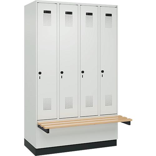 Kleiderspind C+P Evolo Plus, 4 Abteile à 300 mm Breite, Sockel, schwebende Sitzbank, B 1200 x T 815 x H 1950 mm, Drehriegel, lichtgrau/lichtgrau