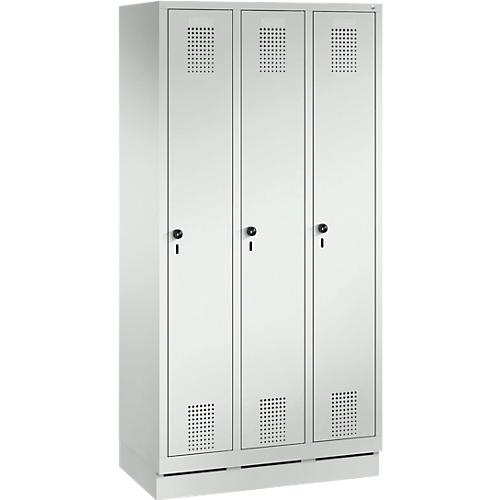 Kleiderspind Evolo S 3000, 3 Abteile, Stahl, Sockelhöhe 100 mm, Sicherheitsdrehriegelverschluss, lichtgrau/lichtgrau