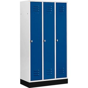 Kleiderspind mit 3 Abteilen, 300 mm, Drehriegelverschluss, mit Sockel, Tür enzianblau Kleiderspind mit 3 Abteilen, 300 mm, Drehriegelverschluss, mit Sockel, Tür enzianblau