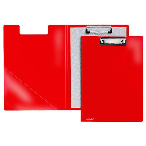 Klemmbrett-Mappe A4, Klemme mit Kunststoffecken, Dreiecks-Klarsichttasche innen, PP, rot
