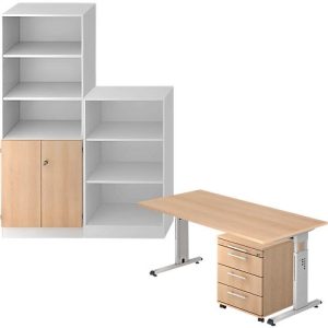 Komplettangebot Schreibtisch/Container/Regalschrank/Regal ULM, weiß/Eiche Komplettangebot Schreibtisch/Container/Regalschrank/Regal ULM, weiß/Eiche