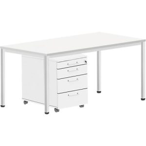 Komplettset BEXXSTAR, Schreibtisch 1600 mm breit Rollcontainer, Rundrohrfuß, weiß Komplettset BEXXSTAR, Schreibtisch 1600 mm breit Rollcontainer, Rundrohrfuß, weiß
