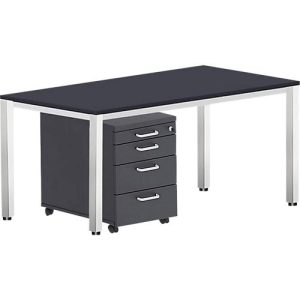 Komplettset BEXXSTAR, Schreibtisch 1600 mm breit und Rollcontainer, Quadratrohrfuß, schwarz Komplettset BEXXSTAR, Schreibtisch 1600 mm breit und Rollcontainer, Quadratrohrfuß, schwarz