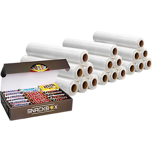 Komplettset Stretchfolie, 500 mm x 300 m, transparent, Stärke 20 my, 18 Rollen + Snackbox Mars-Edition Mixpaket, 78 Artikel