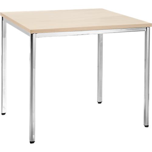 Konferenztisch, bis 4 Personen, Quadrat, 4-Fuß Quadratrohr, B 800 x T 800 x H 720 mm, Ahorn/chromsilber