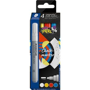 Kreidemarker STAEDTLER Lumocolor®, Rundspitze, Strichbreite 2,4 mm, für glatte Oberflächen, Flüssigkeit auf Wasserbasis, 4er-Set farbsortiert Kreidemarker STAEDTLER Lumocolor®, Rundspitze, Strichbreite 2,4 mm, für glatte Oberflächen, Flüssigkeit auf Wasserbasis, 4er-Set farbsortiert