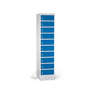 Laptopschrank mit Ladefunktion, 10 Abteile mit Zylinderschloss, Stahlblech lichtgrau RAL 7035/enzianblau RAL 5010 Laptopschrank mit Ladefunktion, 10 Abteile mit Zylinderschloss, Stahlblech lichtgrau RAL 7035/enzianblau RAL 5010