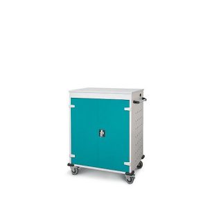 Laptopwagen mit Ladefunktion, 2-Punkt-Verriegelung, Feststellbremse, 16 Fächer, B 920 x T 500 x H 1060, türkis Laptopwagen mit Ladefunktion, 2-Punkt-Verriegelung, Feststellbremse, 16 Fächer, B 920 x T 500 x H 1060, türkis