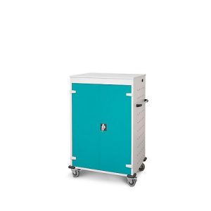 Laptopwagen mit Ladefunktion, 2-Punkt-Verriegelung, Feststellbremse, 20 Fächer, B 920 x T 500 x H 1250, türkis Laptopwagen mit Ladefunktion, 2-Punkt-Verriegelung, Feststellbremse, 20 Fächer, B 920 x T 500 x H 1250, türkis
