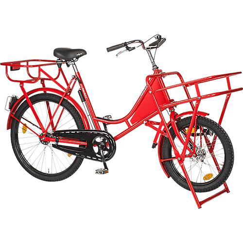 Lastenfahrrad, Rahmen Stahl, mit Vorderrad-Lastenträger, Vorderrad-Ständer, rot