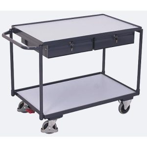 Leichter ESD-Tischwagen, Stahl/Spanplatte, Graphitgrau/Lichtgrau, 2 Etagen, L 985 x B 605 mm, 2 Schubladen, TPE-Rollen mit EasySTOP, bis 250 kg Leichter ESD-Tischwagen, Stahl/Spanplatte, Graphitgrau/Lichtgrau, 2 Etagen, L 985 x B 605 mm, 2 Schubladen, TPE-Rollen mit EasySTOP, bis 250 kg