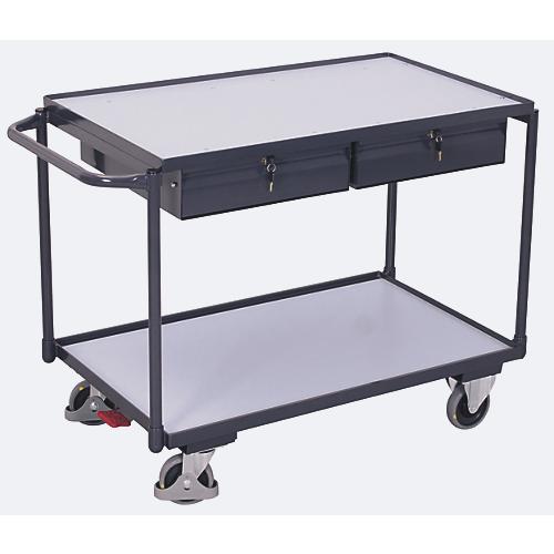Leichter ESD-Tischwagen, Stahl/Spanplatte, Graphitgrau/Lichtgrau, 2 Etagen, L 985 x B 605 mm, 2 Schubladen, TPE-Rollen mit EasySTOP, bis 250 kg