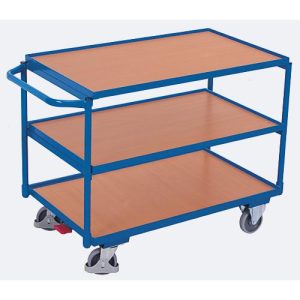Leichter Tischwagen, Stahl/MDF-Platte, Enzianblau/Buche-Dekor, 3 Etagen, L 835 x B 505 mm, TPE-Rollen mit EasySTOP, bis 250 kg Leichter Tischwagen, Stahl/MDF-Platte, Enzianblau/Buche-Dekor, 3 Etagen, L 835 x B 505 mm, TPE-Rollen mit EasySTOP, bis 250 kg