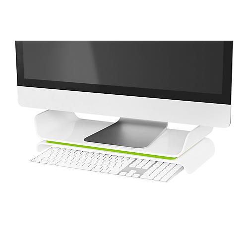 Leitz® Ergo WOW Monitorständer, ergonomisch, für Monitore bis 27 ″, 2-stufig höhenverstellbar mit Stauraum für Tastatur, B 209 x H 112 mm, weiß/grün