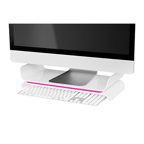Leitz® Ergo WOW Monitorständer, ergonomisch, für Monitore bis 27 ″, 2-stufig höhenverstellbar mit Stauraum für Tastatur, B 209 x H 112 mm, weiß/pink