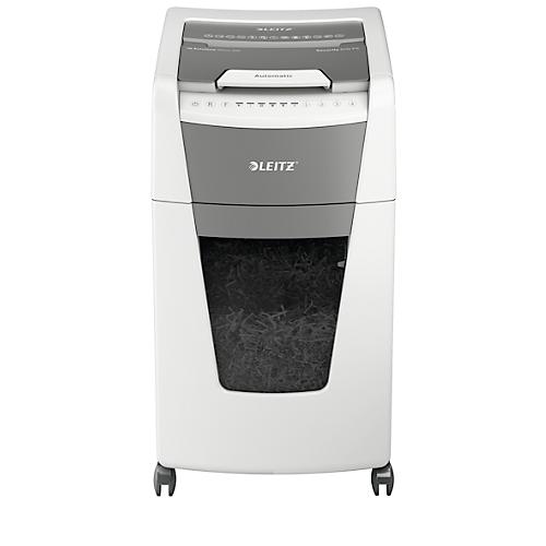 Leitz IQ Autofeed Office 300 Aktenvernichter P5, Vollautomatik, Mikroschnitt 2 x 15 mm, 60 l, 300 Blatt Schnittleistung, mit Rollen, weiß