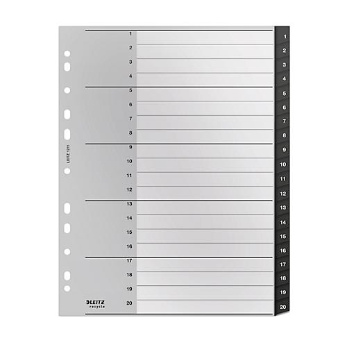 Leitz® Registermappe Recycle, A4, beschreibbar, Universalllochung, zu 100 % recycelbar, Kunststoff, schwarz, Taben 1-20