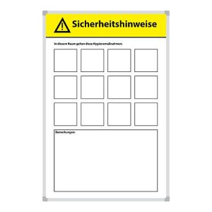 Magnettafel Hygienehinweise, 12 gelbe Magnete, beschreibbar, Stahlblech/Aluminium, weiß, B 300 x H 450 mm Magnettafel Hygienehinweise, 12 gelbe Magnete, beschreibbar, Stahlblech/Aluminium, weiß, B 300 x H 450 mm