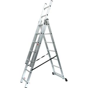 Mehrzweckleiter SZ Metall, 3-teilig, mit 3 x 7 Sprossen, bis 150 kg, EN 131, Quertraverse, Spreizsicherung, Aluminium Mehrzweckleiter SZ Metall, 3-teilig, mit 3 x 7 Sprossen, bis 150 kg, EN 131, Quertraverse, Spreizsicherung, Aluminium