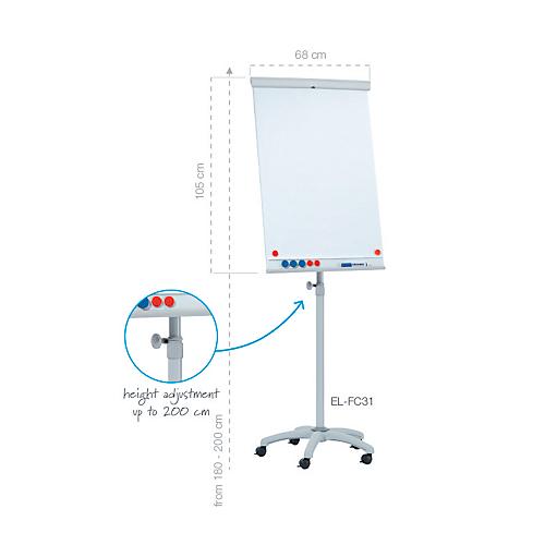 Mobiles Flipchart Franken X-tra!Line, höhenverstellbar, Schnellwechselhalterung, Ablageschale, magnethaftende Tafel mit B 680 x H 1050 mm, 5 Laufrollen