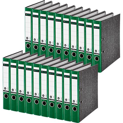 Ordner LEITZ®1050, DIN A4, Rückenbreite 52 mm, Griffloch, geklebtes Rückenschild, Hartpappe, 20 Stück, grün