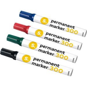 Permanentmarker S. 300, Rundspitze, Strichbreite 1,5-3 mm, wasserfest, offen lagerfähig, Aluminium & Kunststoff, farbsortiert, 4 Stück Permanentmarker S. 300, Rundspitze, Strichbreite 1,5-3 mm, wasserfest, offen lagerfähig, Aluminium & Kunststoff, farbsortiert, 4 Stück
