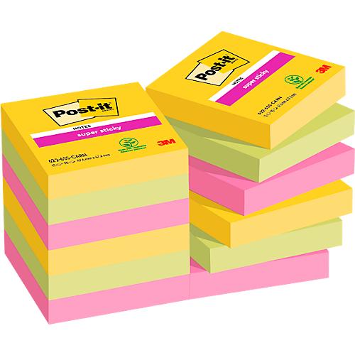 POST-IT Haftnotizen Super Sticky Notes Carnival 622-6SS-CARN, 48 x 48 mm, wiederablösbar, cellophanfrei verpackt, farbig, 12 x 90 Blatt