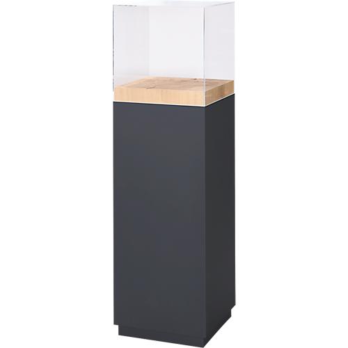 Präsentationssäule, 1 Fachboden, bis 30 kg, T 350 x H 1190 mm, Hirnholz-Eiche/Plexiglas, schwarz-matt